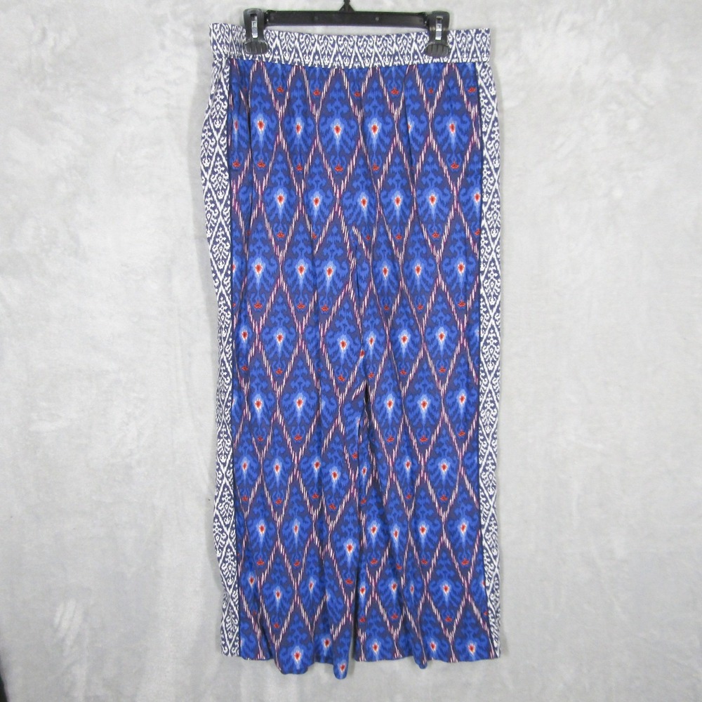 Anthropologie Blue Ikat Print Wide Leg Cropped Pants Womens Large Viscose Boho